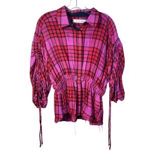 We The Free Pacific Dawn Plaid Shirt Pink Red Peplum Snap Button Sz M Wool Blend